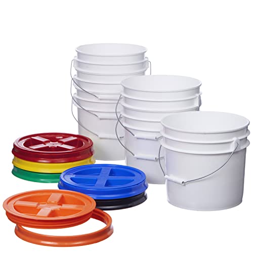 Consolidated Plastics 3.5 Gallon White Food Grade Buckets + 6 Gamma Seal Lids, BPA Free Container Storage, Durable HDPE Pails, Made in USA (6 Pack)