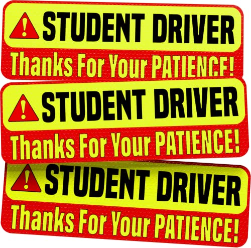 Student Driver Car Magnet Sticker Signs - Essential Magnetic New Driver Sign for Bumper - 3 Pack, 12 by 4" - Remind Others to Please Be Patient - Bright & Reflective Road Safety Sign for Rookies