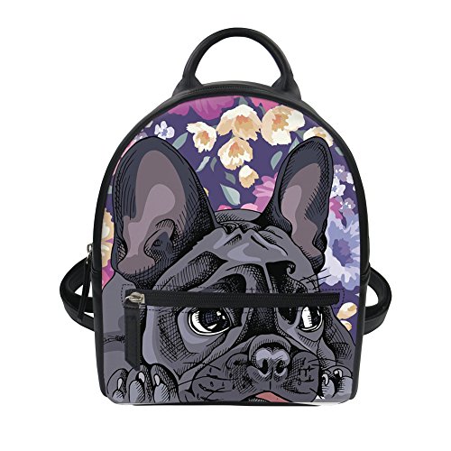 HUGS IDEA Cute Bulldog Print Mini Shoulder Backpack Ladies Travel Lightweight Daypack Purse