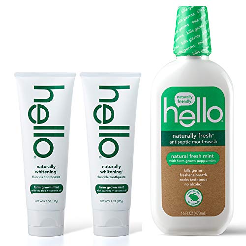 Hello Naturally Whitening Fluoride Toothpaste and Naturally Fresh Antiseptic Mouthwash, Farm Grown Mint, Alcohol Free, Vegan, SLS Free and Gluten Free, 4.7 Ounce Tubes (Pack of 2), 16 Ounce Bottle