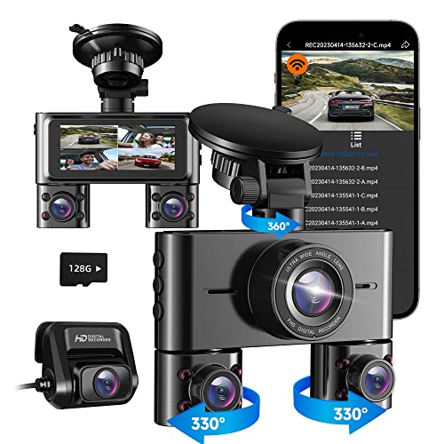 HUPEJOS V7 360 Dash Cam, 4 Channel Quad Camera Front, Left, Right, and Rear with WiFi, 3.16 IPS Screen, Adjustable Lens Dash Camera for Cars with Night Vision, G-Sensor, Free 128GB Card