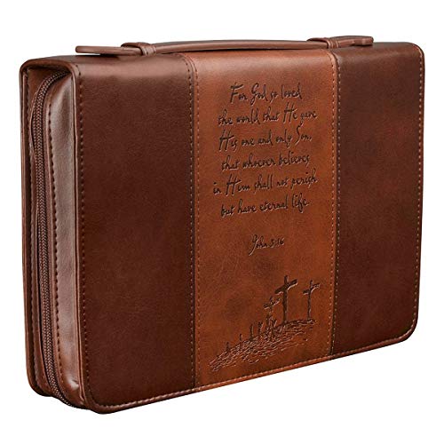 Christian Art Gifts Men/Women's Classic Bible Cover Gospel John 3:16, Brown Faux Leather, Large