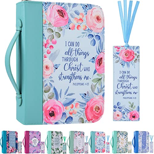 Bible Cover Case for Women with a Matched Bookmark Floral PU Leather Bible Cover Bag with Pockets and Zipper for Standard and Large Size Study Bible 10.8"x7.8"x2"