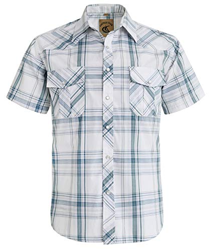 COEVALS CLUB Men's Western Cowboy Short Sleeve Pearl Snap Casual Plaid Work Shirts (White Plaid #28 XL)