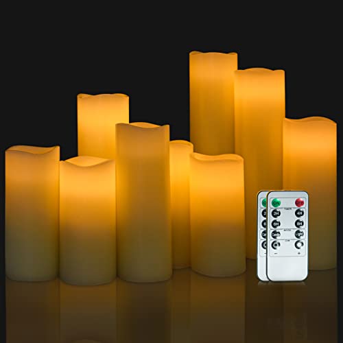 OSHINE Flameless Candles Battery Operated Candle - Set of 9 Flickering Pillar LED Candles with 10-Key Remote & 24 Hours Timer, Ivory Real Wax Candles for Home Decor