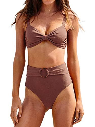 CUPSHE Women's Bowkont Front Bikini Set Tummy Control High Waisted Belted Bathing Suit, S Brown