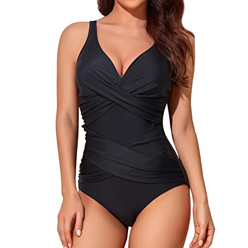 Smismivo Tummy Control Swimsuits for Women Slimming One Piece Bathing Suit Modest Padded Ruched Push Up Long Torso Curvy Cute Retro Vintage V Neck Shirred Swimming Suits Full Coverage Swimwear (Black)