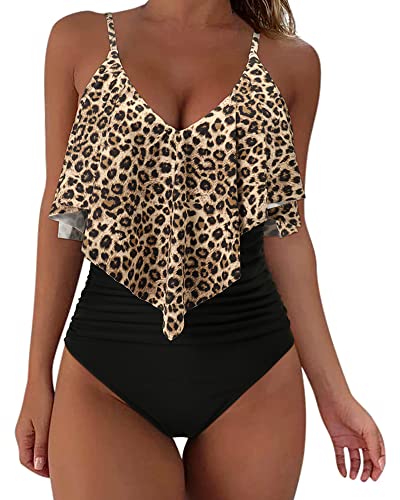 SUUKSESS Women Slimming Ruffle One Piece Swimsuits Ruched Tummy Control Bathing Suits (Black Leopard, L)