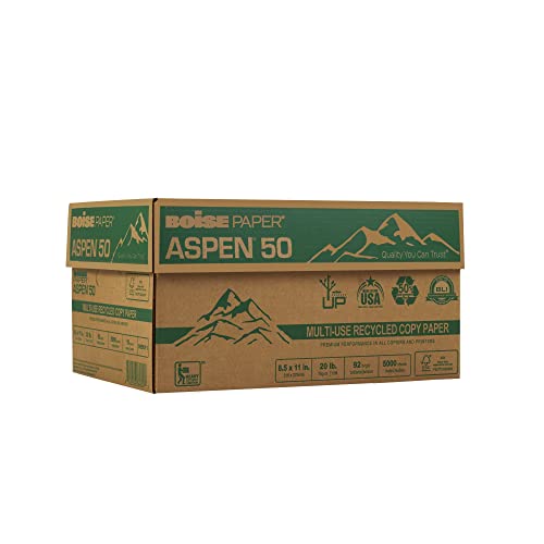 BOISE  Aspen 50% Recycled Office Paper, 92 Bright, 20lb, 8-1/2 x 11, White, 5000/CT
