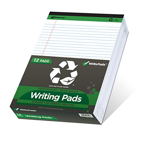 KAISA Legal Pads Writing Pads Recycled Paper, 8.5"x11.75" Wide Ruled, 50 sheets 8-1/2"x 11-3/4" Perforated Writed Pad, White Pack of 12pads, KSU-5293