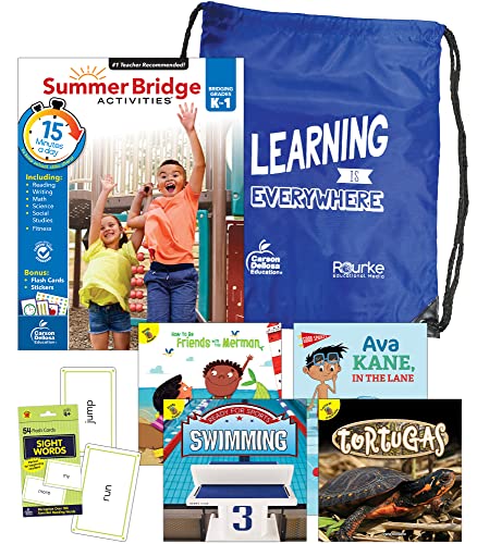 Summer Bridge Activities Kindergarten - 1st Grade Bundle, Summer Learning Kindergarten to 1st Grade Workbook, Sight Words Flash Cards, Nonfiction and Fiction Children's Books, Drawstring Bag