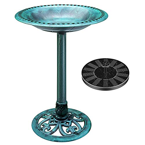 VIVOHOME Polyresin Antique Outdoor Green Garden Bird Bath and Solar Powered Round Pond Fountain Combo Set