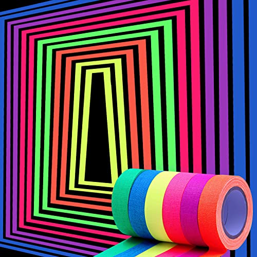 Adhesive Black Light Tape Sets, 6 Colors Neon Gaffer Cloth Tape, Fluorescent UV Blacklight Glow in The Dark Tape for UV Party (0.6 inch x 16.5 feet)