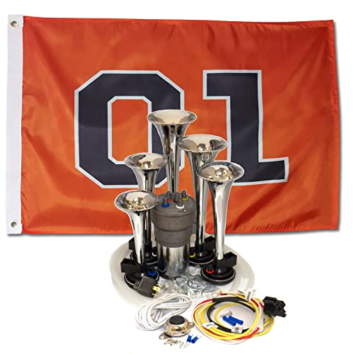 Dixie Air Horn - Dixieland Premium Full 12 Note Version Chrome with Installation Wire Kit Button and Flag, (10-098_WKBF)