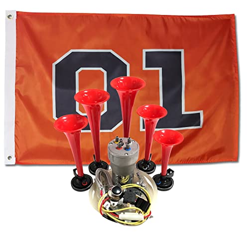 Dixie Air Horn Red - Dixieland Premium Full 12 Note Version with Installation Wire Kit Button and Flag (10-096_WKBF)