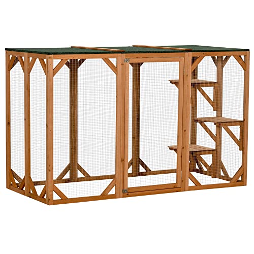 PawHut Wooden Outdoor Cat House Catio Kitten Enclosure Indoor Cage with Asphalt Roof, Multi-Level Platforms and Large Enter Door - 71" L, Orange