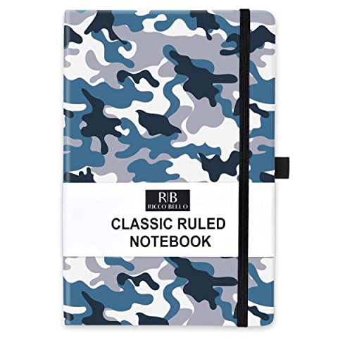 RICCO BELLO Classic Notebook, 192 Pages, Hardcover - 5.7 x 8.4-Inch, Line Ruled Pages (Blue Camo)