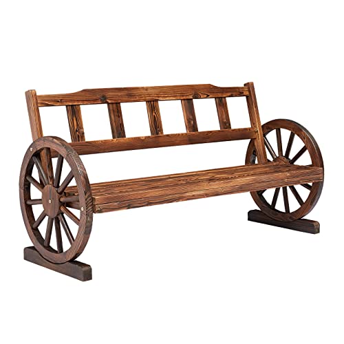 kinbor Rustic Outdoor Bench, Wooden Wagon Wheel Bench, 2 Person Outdoor Bench with Backrest for Front Porch Patio Outdoors