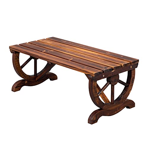 VINGLI Outdoor Rustic Wooden Bench with Wagon Wheel Legs, 2 People Sturdy Seat for Garden Porch Patio Lawn Yard Park, Indoor and Ourdoor Decor