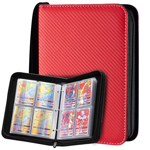 400 Pockets Trading Card Binder with Sleeves, 4-Pockets Zipper Card Binder Collect Holder Storage Carrying Games Case Compatible for Pokemon Cards, Red