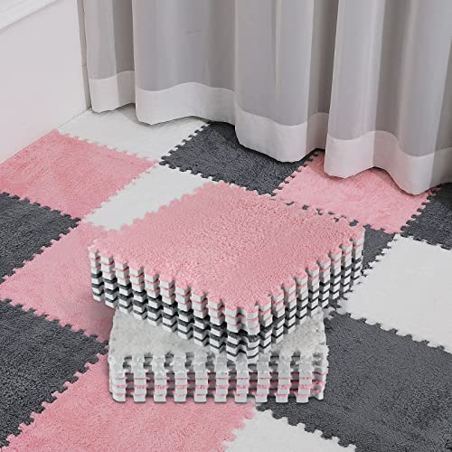 18 Pcs Plush Foam Floor Mat Square Interlocking Carpet Tiles with Border Fluffy Play Mat Floor Tiles Soft Climbing Area Rugs for Home Playroom Decor, 12 x 12 x 0.4 Inch (Black, Pink, Gray)