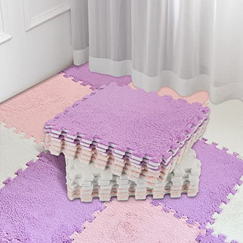 36 Pcs Plush Foam Floor Mat Square Interlocking Carpet Tiles with Border Fluffy Play Mat Floor Tiles Soft Climbing Area Rugs for Home Playroom Decor, 12 x 12 x 0.4 Inch (White, Pink and Purple)