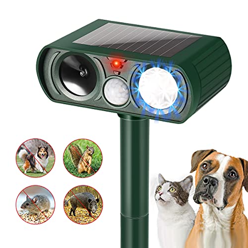Ultrasonic Animal Repellent Cat Deterrent Outdoor with Flashing Lights Solar Powered Motion Sensor Waterproof for Garden, Farm, Yard, Safely Repelling Dogs, Cats, Birds etc