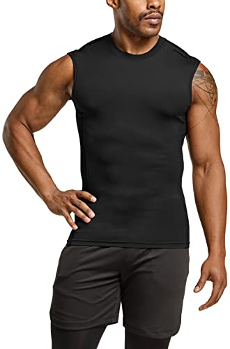 TSLA Men's Sleeveless Workout Shirts, Dry Fit Running Compression Cutoff Shirts, Athletic Training Tank Top, Active Top Black, Large