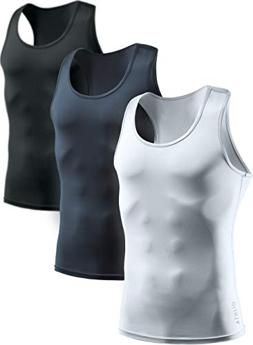 ATHLIO Men's Cool Dry Compression Sleeveless Tank Top, Sports Running Basketball Workout Base Layer, 3pack Tank Top Black/Charcoal/White, Large