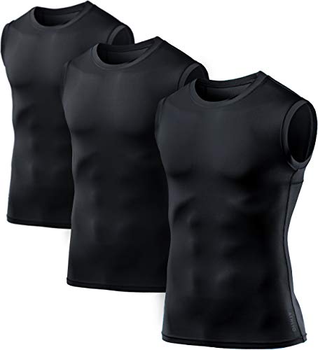 ATHLIO Men's Sleeveless Workout Shirts, Dry Fit Running Compression Cutoff Shirts, Athletic Base Layer Tank Top, 3pack Sleeveless Tops Black/Black/Black, X-Large