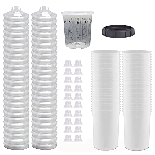 ANSIKE Disposable Paint Spray Gun Cup Liners and Lid System 50 Liners 50 Lids 20 Plugs 1 Hard Cup with Retainer Ring Paint Sprayer Mixing Cup (125 Mic) 5.6 Ounce (165ml)