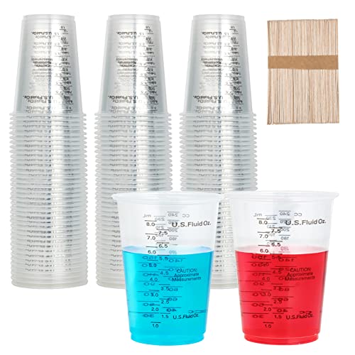 200 PACK Plastic Measuring Cups, 8 oz Disposable Mixing Cups with 200 Wooden Mixing Sticks, Can Be Used for Epoxy Resin, Liquid Measuring, Paint Mixing, Cooking and Baking