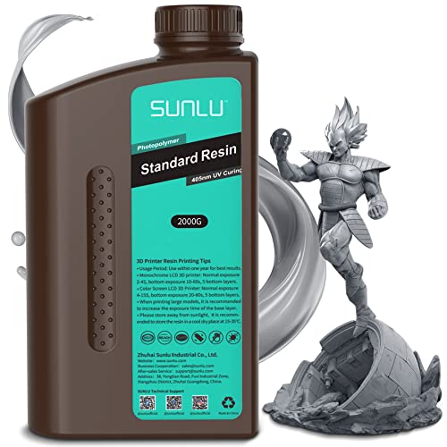 SUNLU 3D Printer Resin, 2000g Standard Photopolymer 405nm UV Curing Resin for 4K/8K LCD/DLP/SLA Resin 3D Printer, 3D Printing Liquid Fast Curing Resin, High Precision, Low Shrinkage, 2KG, Grey