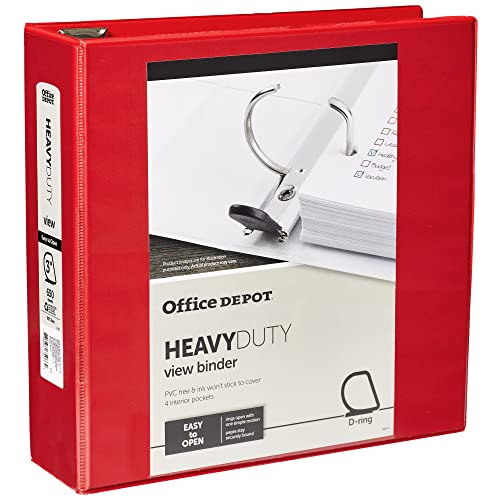 Office Depot Brand Heavy-Duty Easy Open D-Ring View Binder, 3" Rings, 54% Recycled, Red
