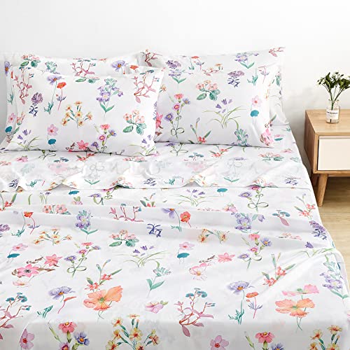 BYSURE Pastel Flower Printed Bed Sheets 6 Pieces Set (Queen, 4 Pillowcases & 1 Fitted Sheet & 1 Flat Sheet), Spring Floral Sheets, 15" Deep Pocket Fade-Free Bedding