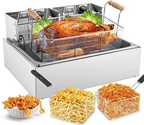 TANGME Commercial Deep Fryer, 3400w Electric Turkey Fryer with Large Basket, 22L/23.25QT 1mm Thickened Stainless Steel Countertop Oil Fryer with Temperature Limiter for Restaurant and Snack Bar