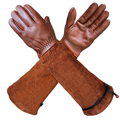 AOUCHI Long Leather Gardening Gloves for Women Men Kid, Breathable Cowhide Rose Pruning Thorn Proof Gloves with Forearm Protection, Sheepskin Palms Cowhide Sleeves Garden Yard Safety Work Gloves(L)