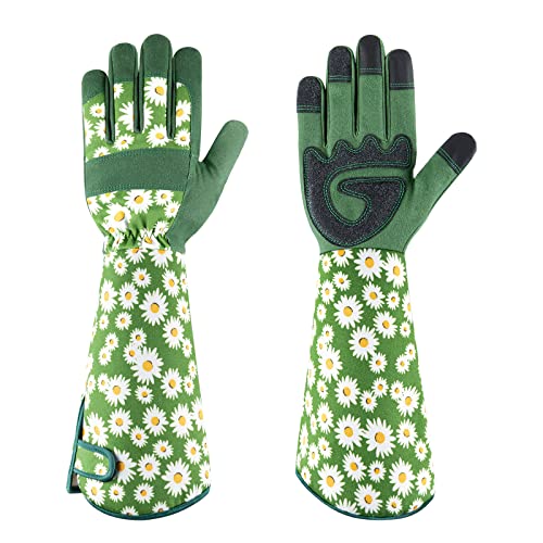 PHIRAH Gardening Gloves for Women Rose Pruning Thorn Proof Breathable Touchscreen Garden Gloves Long Forearm Protection Gauntlet Adjustable Flexible Working Gloves(Green, M)