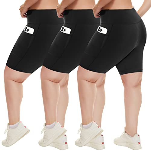 HLTPRO 3 Pack Plus Size Biker Shorts with Pockets for Women - 8" High Waisted Spandex Athletic Bike Shorts for Yoga Workout