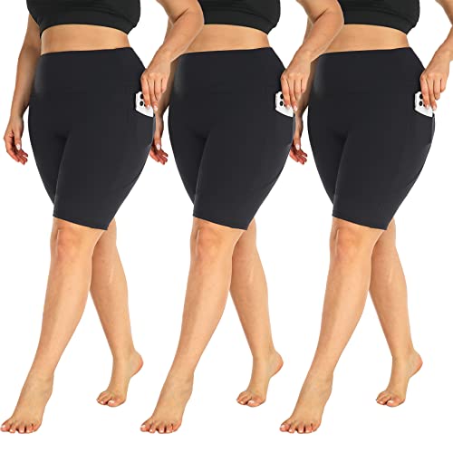 MOREFEEL 3 Pack Plus Size 8" Biker Shorts with Pockets for Women-High Waist Non-See Through Workout Black Yoga Short