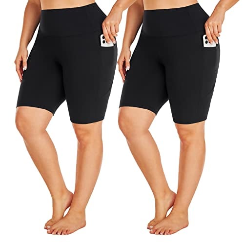 yeuG Women's Plus Size Biker Shorts with Pockets-2 Pack High Waist Tummy Control Workout Yoga Shorts XL - 4XL(Black,Black, XX-Large)