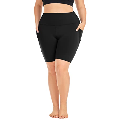 MOREFEEL Plus Size 8" Biker Shorts with Pockets for Women Stretch XL-4XL Workout Tummy Control High Waist Black Yoga Shorts Summer