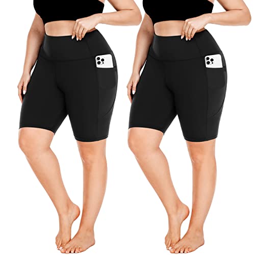 Plus Size Biker Shorts for Women-High Waist X-Large-4X Tummy Control Womens Shorts with Pockets Leggings Shorts for Yoga Workout (2 Pack Black,XX-Large)