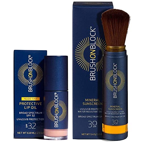 Brush On Block Full Face Sun Protection Kit, Translucent Mineral Powdered Sunscreen & Protective Lip Oil SPF 32, Reef Friendly, FSA HSA Eligible