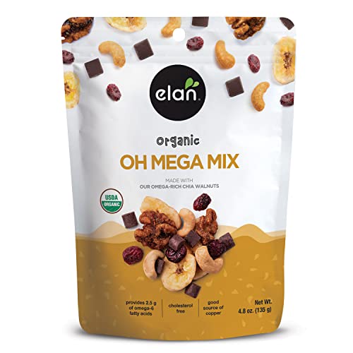 Elan Oh Mega Mix Organic Trail Mix, 4.8 oz, Vegan Dark Chocolate Chunks, Cranberries, Bananas Chips, Cashews, Walnuts, Chia Seeds, Goji berry Powder, Vegan, GMO-Free, Vegetarian, Gluten-Free, brown