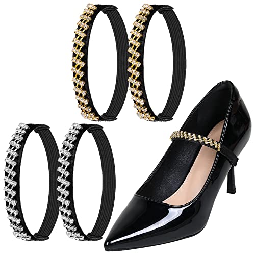 2 Pairs Rhinestone Elastic Shoe Ankle Straps Detachable Shoe Strap Band Heel Straps for High Heels Women Holding Loose High Heels Shoes, Gold and Silver