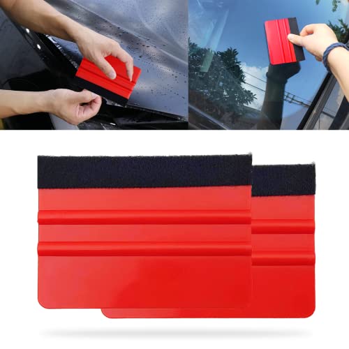 2PCS Plastic Felt Squeegee, Felt Edge Squeegee Tool, Decal Squeegee Remove Bubbles for Car Film Sticker Graphics and Wallpaper, Graphic Decal Scraper Applicator Tool(Red)