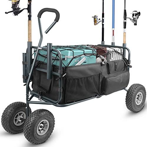 INFANZIA Beach Fishing Wagon Cart with Big Rolling Wheels and Rod Holders Collapsible Utility Folding Heavy Duty Cart with Cargo Net for Outdoor Fishing Camping Garden