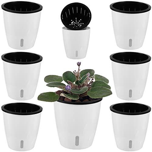 6 Pack 5 Inch Self Watering Pots for Indoor Plants with Water Indicator,Small African Violet Pots for Plants,Self-Watering Planters White for Devil's Ivy,Spider Plant,Orchid for Office Home DCor.