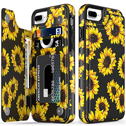 LETO iPhone 8 Plus Case,iPhone 7 Plus Case,Leather Wallet Cover with Floral Design for Girls Women,Kickstand Card Slots Cover,Protective Phone Case for iPhone 7 Plus/iPhone 8 Plus Blooming Sunflowers